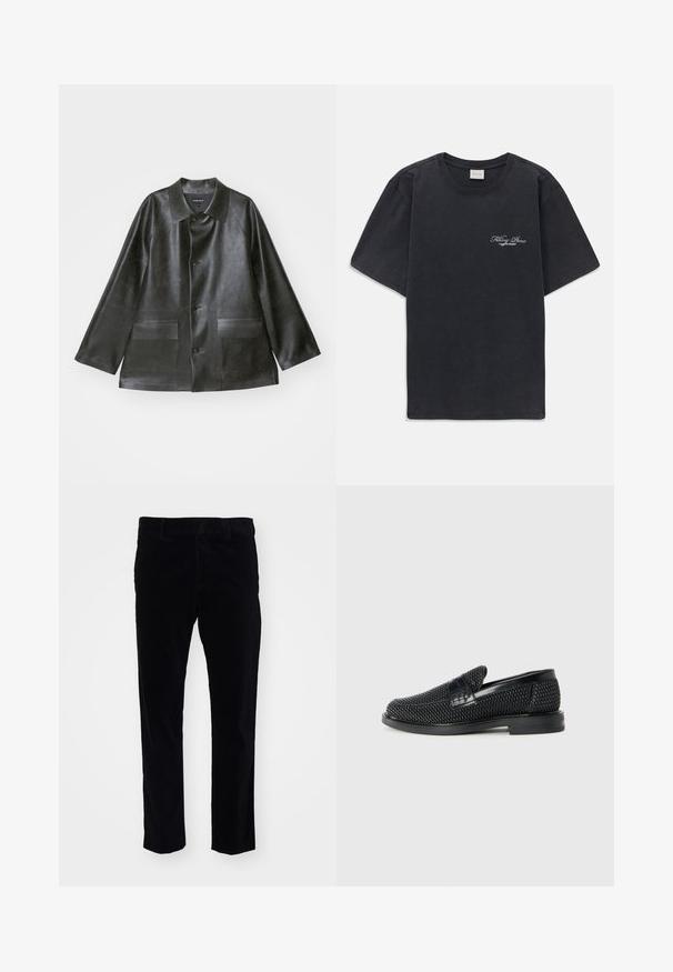 Emporio Armani CABAN - Dirbtinės odos striukė - lavagna; Juodas trumpomis rankovėmis, apvaliu kaklu marškinėliai su mažu baltu "Filling Pieces" tekstiniu logotipu kairiajame krūtinės kampe.; Juodos kordūro kojos kelnes su tiesia kojų dizainu, turinčiomis subtilias vertikalias juosteles ir standartinį liemeni. Nėra matomų papuošimų.; Juodas pintas slip-on tipo batelis su lygiu odiniu akcentu viršuje, apvalios nosies dizainas ir žemas guminis padas.