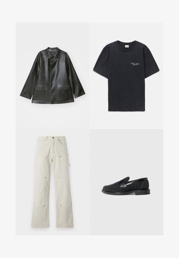 Emporio Armani CABAN - Mākslīgās ādas jaka - lavagna; Melna īsās piedurknes T-kreklā ar mazu balto "Filling Pieces" tekstu logotipu uz kreisā krūšu.; Platās kājas gaismas bežīgas bikses, izgatavotas no kokvilnas ar gludu tekstūru, ar kabatām un metāla detaļu akcentiem.; Melnas austas slaidu kurpes ar gludu ādas akcentu augšpusē, apaļas formas purngalu un zemas profila gumijas zoli.