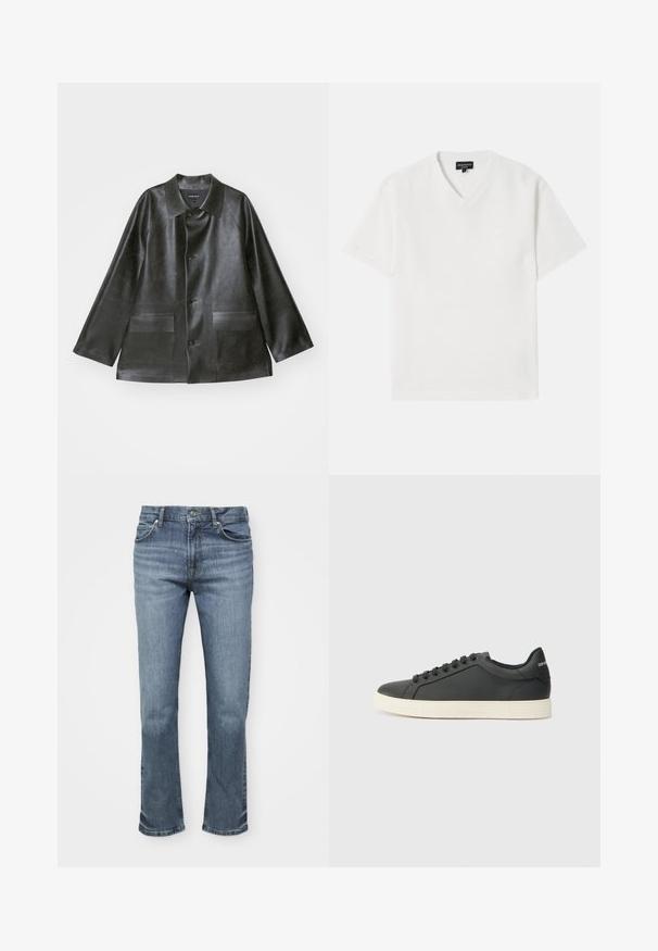 Emporio Armani CABAN - Faux leather jacket - lavagna; White short-sleeve V-neck t-shirt made from textured fabric with a subtle pattern. Features a small logo on the chest.; Blue denim jeans feature a straight leg design, five-pocket style, and a button closure with contrasting stitching on the seams.; Black leather sneaker with a low profile, rounded toe, and lace-up closure; features a textured rubber sole and logo detail on the heel.