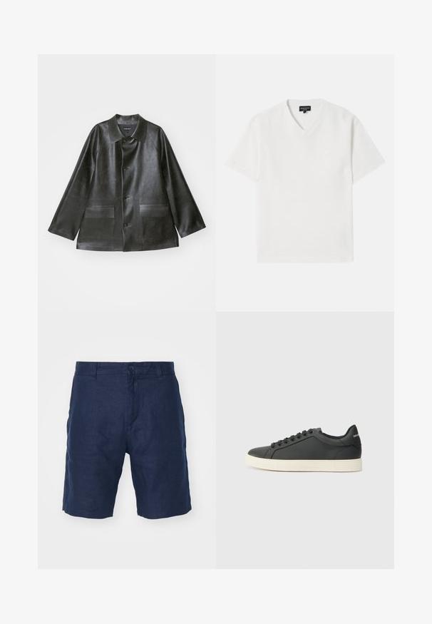 Emporio Armani CABAN - Chaqueta de cuero sintético - lavagna; Camiseta blanca de manga corta con cuello en V, confeccionada en una tela texturizada con un patrón sutil. Presenta un pequeño logo en el pecho.; Shorts de lino azul marino con cierre de botón, diseño recto, textura suave y estilo minimalista.; Zapatilla negra de cuero con perfil bajo, punta redondeada y cierre de cordones; cuenta con una suela de goma texturizada y detalle del logo en el talón.