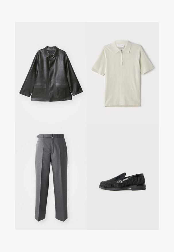 Emporio Armani CABAN - Jacka i konstläder - lavagna; Kortärmad polo i ljusbeige med dragkedja i kragen. Tillverkad av slätt tyg, har en enkel och modern design utan mönster.; Grå skräddarsydda byxor med rak benstil, med en klassisk midja och elastiska bälteshällor. Tillverkad av ett mjukt, lätt tyg.; Svart vävd slip-on sko med en slät läderdetalj på ovansidan, med rund tådesign och en låg gummisula.