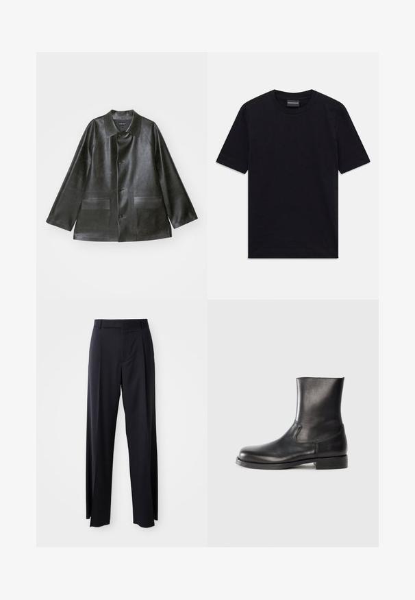 Emporio Armani CABAN - Jacka i konstläder - lavagna; Svart kortärmad T-shirt med rund halsringning och subtil präglad mönster samt varumärkesetikett inuti kragen, liggande platt på vit bakgrund.; Svarta, högmidjade byxor med vida ben, gjorda av mjukt tyg. Har framtill veck och bälteshällor. Minimalistisk design, ingen synlig hårdvara.; Svarta läderankelstövlar med en slät yta, rund tå, elastiska sidopaneler och en låg, texturerad gummisula.