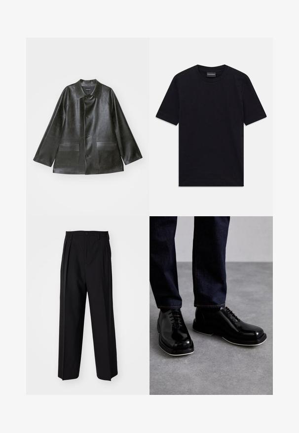 Emporio Armani CABAN - Bunda z umělé kůže - lavagna; Černé tričko s krátkým rukávem a kulatým výstřihem s jemným raženým vzorem a štítkem značky uvnitř límce, položené na bílém pozadí.; Černé skládací kalhoty s rovnými, širokými nohavicemi. Vyrobené z hladké tkaniny, se zapínáním na knoflík a poutky na opasek.; The Antipode Šněrovací boty - black