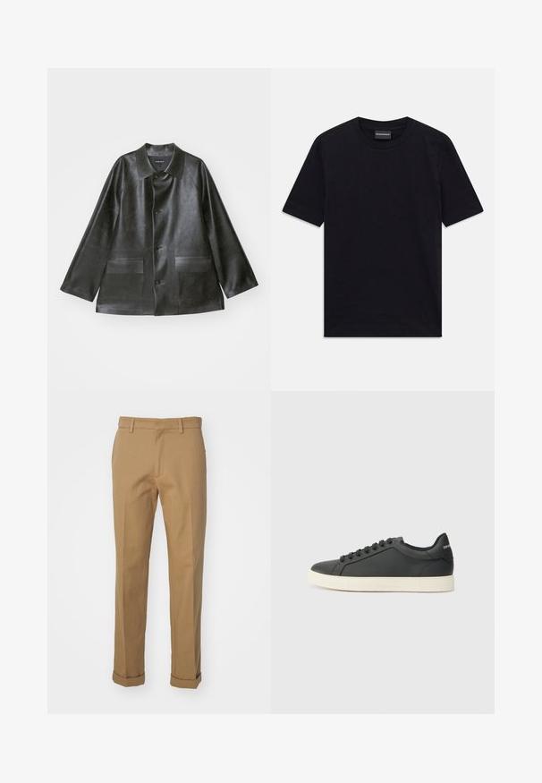 Emporio Armani CABAN - Faux leather jacket - lavagna; Black short-sleeve crew neck T-shirt with subtle embossed pattern and brand label inside collar, laid flat on white background.; Brown cotton trousers with a straight cut, featuring a rolled hem, two front pockets, and a smooth texture.; Black leather sneaker with a low profile, rounded toe, and lace-up closure; features a textured rubber sole and logo detail on the heel.