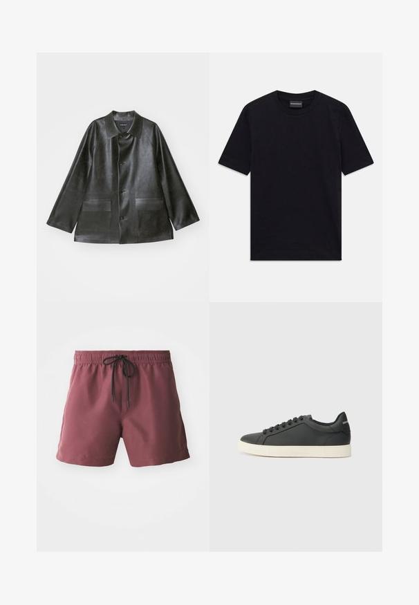 Emporio Armani CABAN - Dirbtinės odos striukė - lavagna; Juoda trumpomis rankovėmis apvaliu kaklu marškinėliai su subtiliu iškilniu ornamentu ir prekės ženklo etikete apykaklėje, padėti ant baltos fono.; Burgundiškai raudoni maudymosi šortai su elastingu juosmeniu ir juodu raišteliu. Turi šonines kišenes ir lygaus, lengvo audinio.; Juodos odinės sportinės bateliai su žemu profiliu, apvaliu pirštu ir raištelių uždarymu; turi tekstūruotą guminį padą ir logotipo detalę ant kulno.