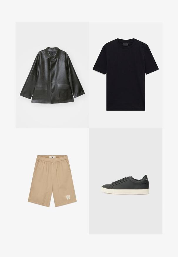 Emporio Armani - Kurtka ze skóry ekologicznej; Czarna krótko rękawowa koszulka z okrągłym dekoltem, z delikatnym wytłoczonym wzorem i metką marki wewnątrz kołnierza, ułożona na płasko na białym tle.; Beżowe szorty wykonane z lekkiego materiału, z elastycznym pasem, bocznymi kieszeniami i białym logo na dolnej lewej nodze.; Czarne skórzane trampki o niskim profilu, z zaokrąglonym noskiem i sznurowanym zapięciem; posiadają teksturowaną gumową podeszwę oraz detal z logo na pięcie.