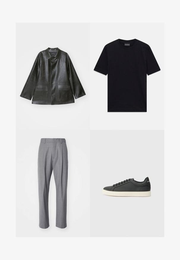 Emporio Armani CABAN - Imiteret læderjakke - lavagna; Sort kortærmet T-shirt med rund hals og subtil præget mønster samt mærkeetiket indeni kraven, liggende fladt på hvid baggrund.; NN.07 KAY - Bukser - grey; Sort lædersneaker med lav profil, rund tå og snørelukning; har en struktureret gummisål og logo-detalje på hælen.