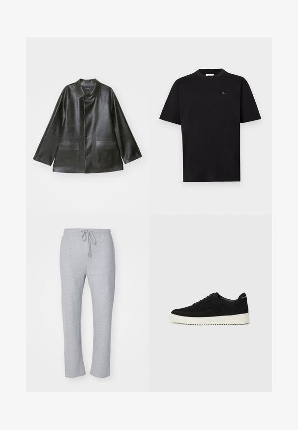 Emporio Armani CABAN - Faux leather jacket - lavagna; Black short-sleeve crewneck t-shirt with small white "NN. 07" logo on the left chest, displayed on a white background.; Gray sweatpants made of soft jersey fabric, featuring a drawstring waistband and straight leg design, with no additional patterns or accents.; Black suede sneaker with lace-up design and contrasting white rubber sole. Features textured side panels and subtle branding on the heel.