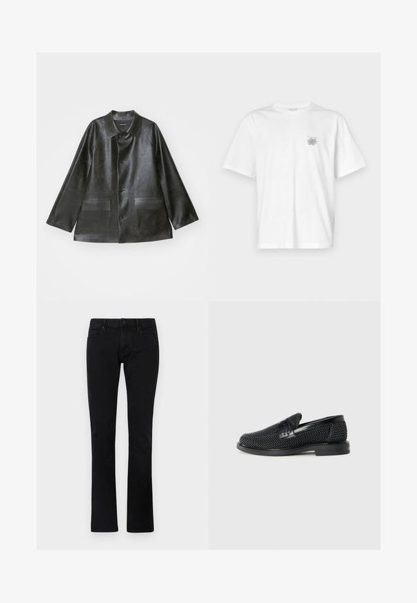 Emporio Armani CABAN - Μπουφάν από συνθετικό δέρμα - lavagna; Λευκό μπλουζάκι από βαμβάκι με κοντά μανίκια, στρογγυλή λαιμόκοψη και μικρό γκρίζο λογότυπο στην αριστερή περιοχή του στήθους. Λείο υφασμά.; Μαύρο τζιν παντελόνι με στενή γραμμή, κανονική μέση και πέντε τσέπες. Διαθέτει διακριτική ραφή και λεία υφή.; Μαύρο πλεκτό παπούτσι slip-on με λείο δερμάτινο στοιχείο στο άνω μέρος, στρογγυλή μύτη και χαμηλό καουτσούκ πάτο.