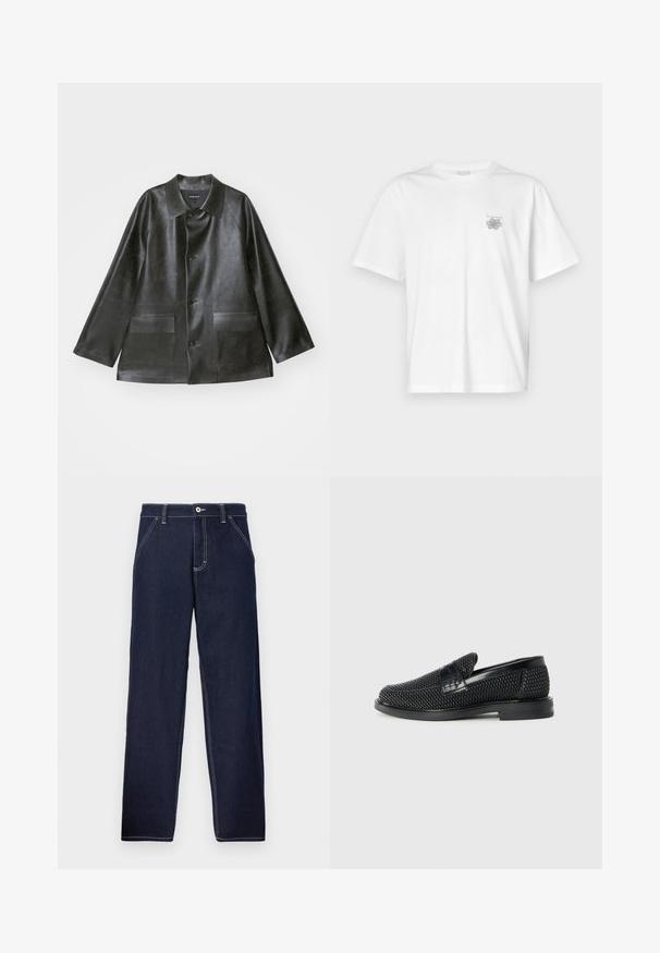 Emporio Armani CABAN - Μπουφάν από συνθετικό δέρμα - lavagna; Λευκό μπλουζάκι από βαμβάκι με κοντά μανίκια, στρογγυλή λαιμόκοψη και μικρό γκρίζο λογότυπο στην αριστερή περιοχή του στήθους. Λείο υφασμά.; Σκούρο μπλε τζιν παντελόνι με ίσια γραμμή, με αντίθεση στα ραφές, πλήκτρο κλεισίματος εμπρός και παραδοσιακό στιλ πέντε τσεπών.; Μαύρο πλεκτό παπούτσι slip-on με λείο δερμάτινο στοιχείο στο άνω μέρος, στρογγυλή μύτη και χαμηλό καουτσούκ πάτο.