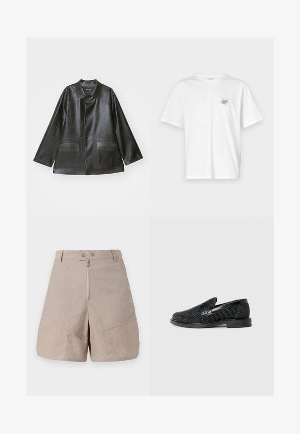 Emporio Armani CABAN - Bunda z nepravej kože - lavagna; Biela tričko vyrobené z bavlny, s krátkymi rukávmi, okrúhlym výstrihom a malým šedým logom na oblasti ľavej hrude. Hladká textúra.; Béžové šortky s hladkým, textúrovaným materiálom. Obsahujú predné zapínanie na zips, dvojité gombíkové zapínanie a diagonálne švy.; Čierne tkané slip-on topánky s hladkým koženým akcentom na vrchnej časti, s okrúlym dizajnom špičky a nízkoprofilovou gumovou podrážkou.