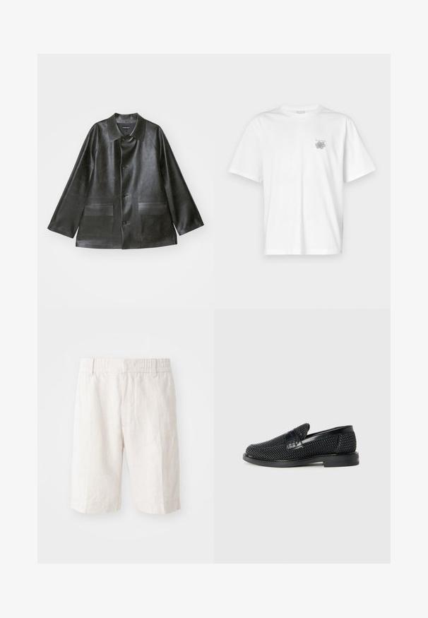 Emporio Armani CABAN - Mākslīgās ādas jaka - lavagna; Baltas kokvilnas T-krekls ar īsām piedurknēm, apaļu dekoltē un mazu pelēku logo kreisajā krūšu daļā. Gluda tekstūra.; Linsēna šorti gaiši beigtē ar elastīgu jostu, sānu kabatām un taisnu piegriezumu. Gluda faktūra ar minimāli redzamām šuvēm.; Melnas austas slaidu kurpes ar gludu ādas akcentu augšpusē, apaļas formas purngalu un zemas profila gumijas zoli.