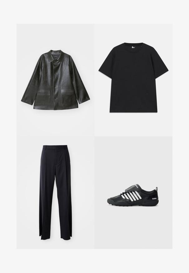 Emporio Armani CABAN - Műbőr dzseki - lavagna; Fekete, rövid ujjú pamut póló, kerek nyakkivágással és egy kis logórészlettel az alján. Sima textúra, normál szabás.; Fekete, magasan ültetett nadrág, széles szárai vannak, sima anyagból készült. Elülső redők és övhurkok jellemzik. Minimalista dizájn, látható fémalkatrészek nélkül.; Fekete sportcipő textúrált felsőrésszel, fehér csíkos díszítéssel, párnázott boka részel és fekete gumitalppal. Húzófüllel és "1964" részlettel rendelkezik.
