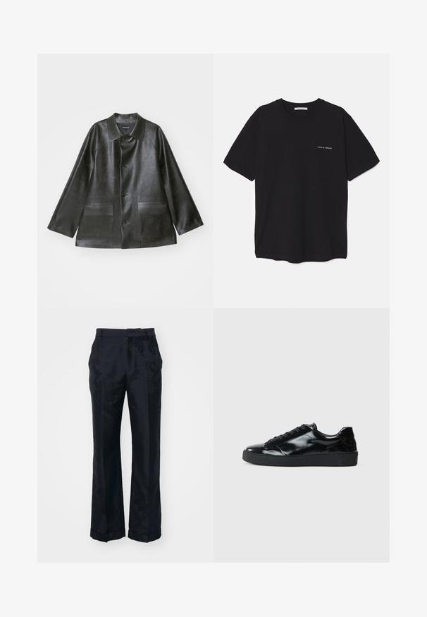 Emporio Armani CABAN - Műbőr dzseki - lavagna; Fekete pamut T-shirt kerek nyakkivágással, rövid ujjakkal, és fehér logónyomattal a bal mellrészen. Egyszerű, egyszínű dizájn.; Fekete, bő szabású nadrág, finom virágmintával, sima anyagból és hajtott szegéllyel. Normál derékpánttal és lapos elejével készült.; Fekete lakkbőr edzőcipők lekerekített orral, fűzős kialakítással, texturált gumi talppal és sima felülettel.