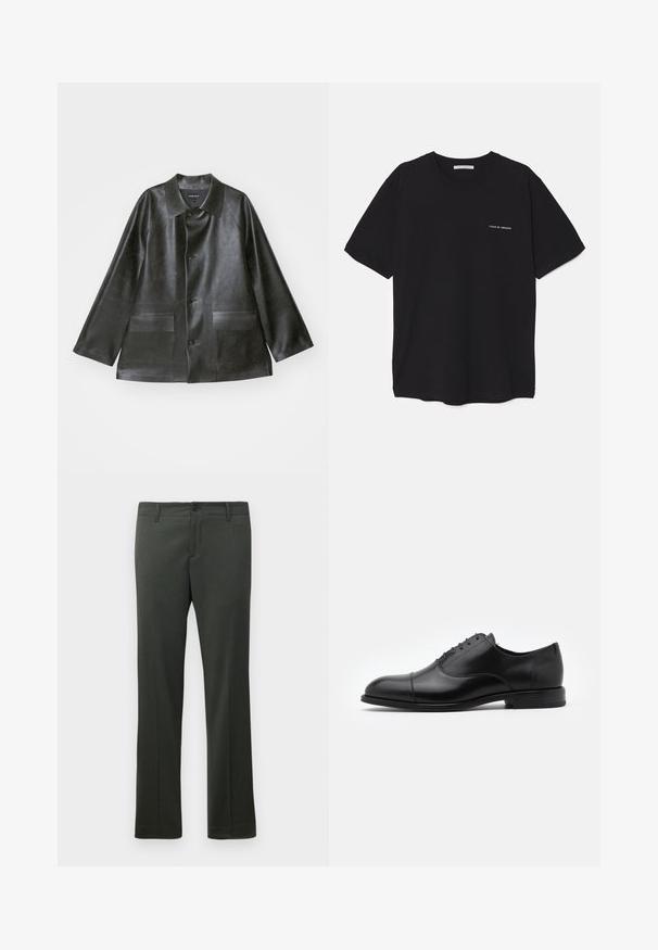 Emporio Armani CABAN - Jachetă din imitație de piele - lavagna; Tricou din bumbac negru, cu guler rotund, mâneci scurte și un imprimeu alb cu logo pe partea stângă a pieptului. Design simplu, de culoare uniformă.; Pantaloni formali verde închis, cu bucle pentru brâu, închidere cu nasture în față și croială dreaptă.; Pantof cu piele neagră, cu vârful rotund, design cu șireturi și detalii de cusătură subtile. Prezintă un toc joș și o textură netedă.