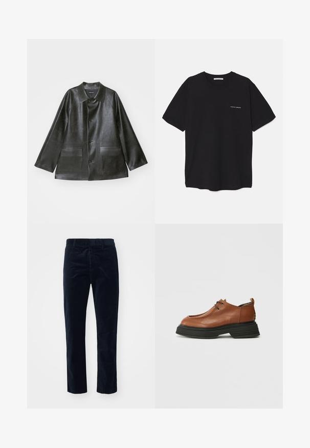 Emporio Armani CABAN - Műbőr dzseki - lavagna; Fekete pamut T-shirt kerek nyakkivágással, rövid ujjakkal, és fehér logónyomattal a bal mellrészen. Egyszerű, egyszínű dizájn.; Sötétkék kordbársony nadrág egyenes lábszárral, melynek textúrája van, és szabványos derékpántja biztosítja a kényelmes illeszkedést.; Barna bőr cipő, lekerekített orral, fűzős kialakítással és vastag fekete réteges talppal. Kiemelkedik a strukturált sziluettjével és textúrájával.