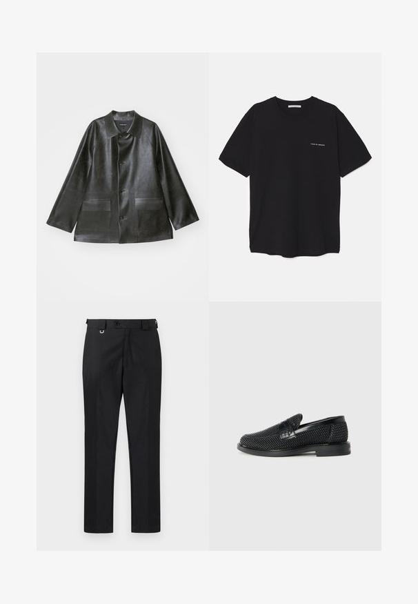 Emporio Armani - Kurtka ze skóry ekologicznej; Czarny bawełniany T-shirt z okrągłym dekoltem, krótkimi rękawami i białym nadrukiem logo na lewej piersi. Prosty, jednolity kolor.; Czarne spodnie w kant o prostym kroju, z zapięciem na guzik i szlufkami na pasek. Gładka tekstura z minimalnymi detalami.; Czarny, pleciony but wsuwany z gładkim skórzanym akcentem na cholewce, o okrągłym nosku i niskoprofilowej gumowej podeszwie.