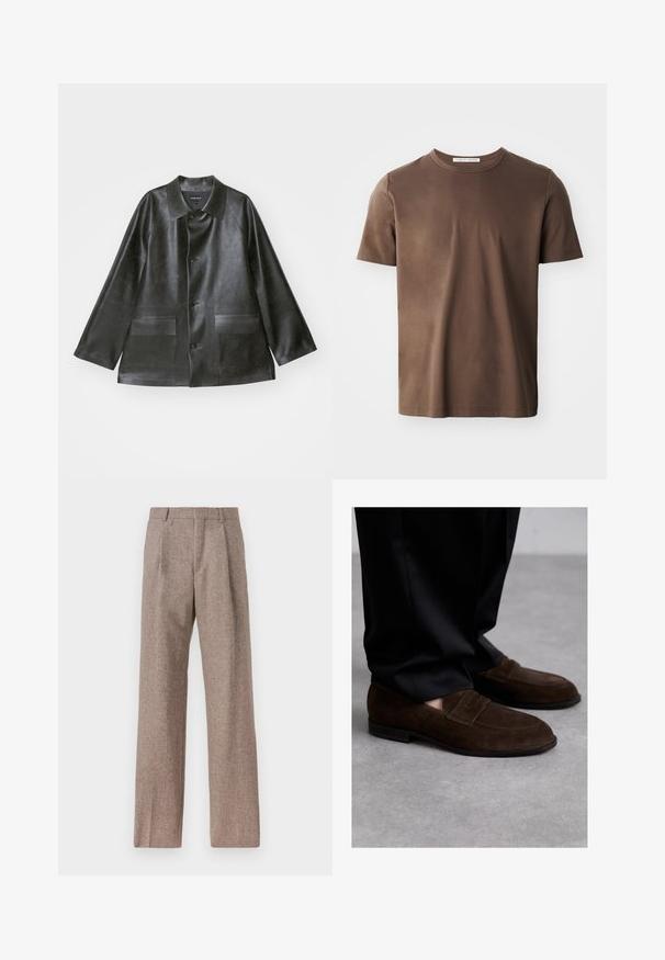 Emporio Armani CABAN - Műbőr dzseki - lavagna; Barna pamut póló, kerek nyakkal, rövid ujjakkal és sima textúrával. A nyaknál található a "TIGER OF SWEDEN" feliratú címke.; Barna, magas derekú nadrág texturált anyagból. Széles szárai és két elülső redője biztosítja a struktúrát. Ízléses kivitel, látható fémszerelés nélkül.; Bally CHARNEY - Alkalmi belebújós cipők - ebano