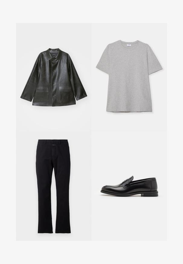 Emporio Armani CABAN - Bunda z nepravej kože - lavagna; Sivá krátke rukávové tričko vyrobené z mäkkej, textúrnej látky. Má klasický okrúhly výstrih a rovný lem, ideálne na neformálne nosenie.; Čierne bavlnené nohavice s rovnou nohou, predným zapínaním na gombík a dvoma bočnými vreckami; hladká textura bez viditeľných vzorov.; Čierne kožené mokasíny s hladkou textúrou, zaoblenou špičkou a dekoračným pásikom cez priehlavok. Nízky vrstvený opätok, minimalistický dizajn.