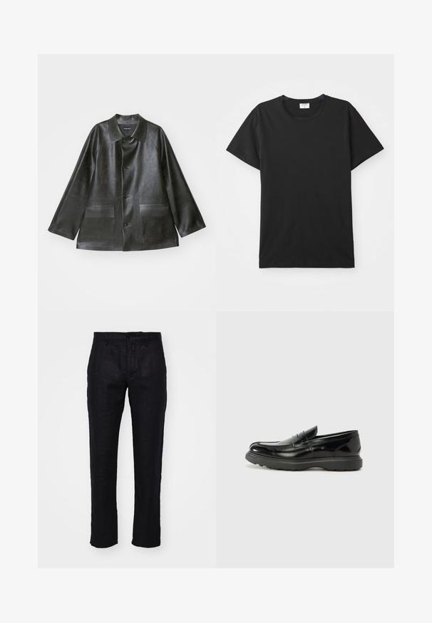 Emporio Armani CABAN - Kunstlederjacke - lavagna; Schwarzes kurzes T-Shirt mit Rundhalsausschnitt, aus glattem Baumwollstoff hergestellt. Einfaches Design ohne Muster oder Akzente.; NN.07 THEO - Stoffhose - black; Schwarze Lederloafer mit glanzendem Finish, abgerundetem Zehenbereich, subtilen Steppnähten und einer dicken Gummisohle für Langlebigkeit.