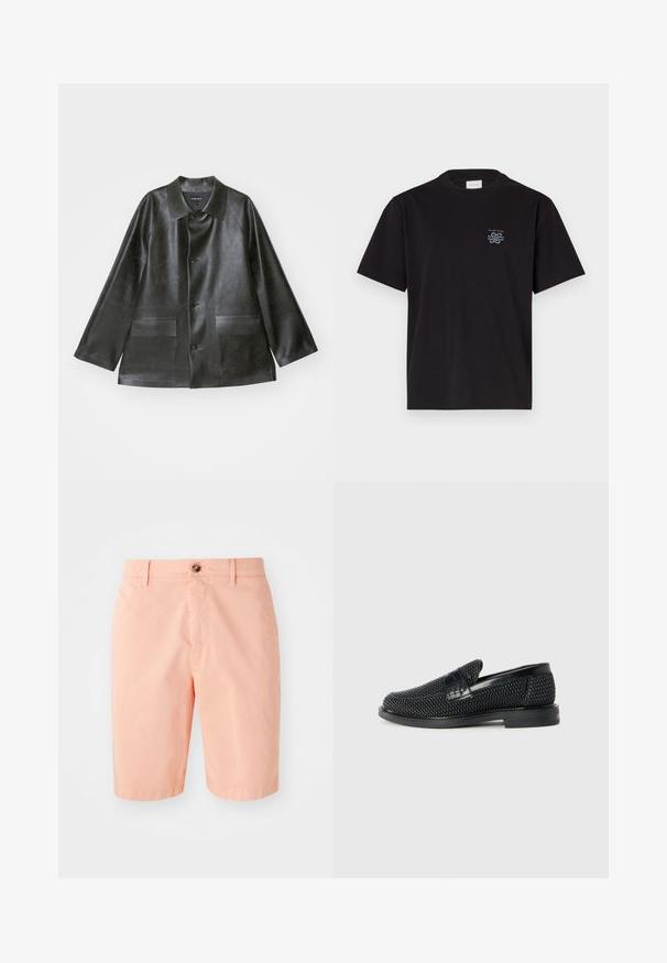 Emporio Armani CABAN - Mākslīgās ādas jaka - lavagna; Melna kokvilnas T-kreklu ar apaļu kaklu un īsām piedurknēm. Saturs mazu zilu logotipu kreisajā krūtī. Vienkāršs, taisns griezums.; Persiku krāsas šorti, izgatavoti no viegla auduma, ar klasisku dizainu, priekšējo pogu aizdari un sānu kabatām.; Melnas austas slaidu kurpes ar gludu ādas akcentu augšpusē, apaļas formas purngalu un zemas profila gumijas zoli.