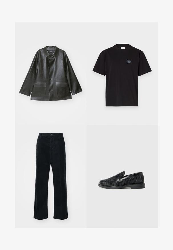 Emporio Armani CABAN - Kunstlederjacke - lavagna; Schwarzes Baumwoll-T-Shirt mit Rundhalsausschnitt und kurzen Ärmeln. Mit einem kleinen blauen Logo auf der linken Brust. Einfaches, gerade geschnittenes Design.; Schwarze Cordhosen mit geradem Bein Design, versehen mit vertikalen Streifen, einem Knopfverschluss vorne und Gürtelschlaufen.; Schwarzer geflochtener Slipper mit einem glatten Lederakzent im Obermaterial, einem runden Zehendesign und einer flachen Gummisohle.