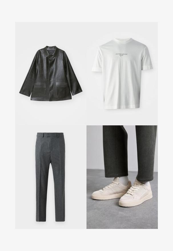 Emporio Armani CABAN - Kunstnahast jakk - lavagna; Valge lühikeste varrukatega T-särk, millel on rinnal kesksel kohal "EMPORIO ARMANI MILANO" logo peene reljeefse kiri.; Hallid hallid püksid peene ruuduline muster, sirge jala disain ja sile kangast tekstuur. Omab vöörihma silmuseid ja luku sirgesti.; Beige suudpüksid, mis on valmistatud nahast ja võrgust, funktsionaalsed perforatsiooni aktsendid, lame sisetald ja paks tald. Kanti koos roheliste puuvillapükstega.