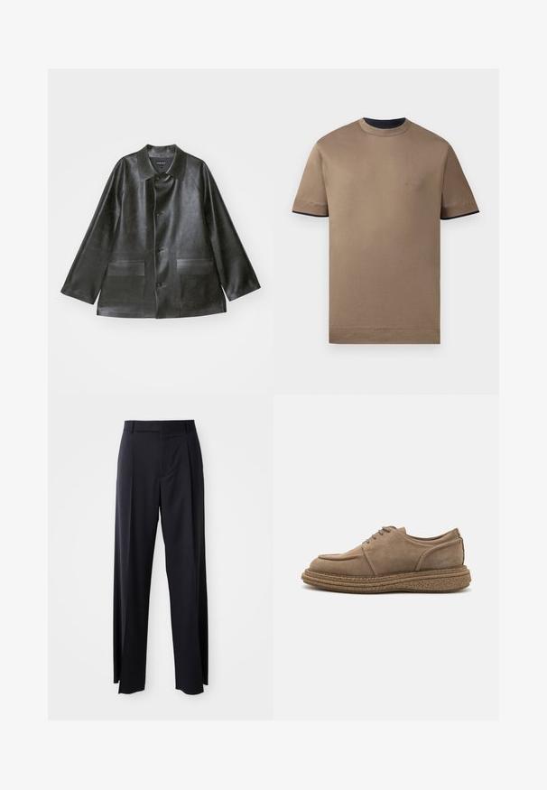 Emporio Armani CABAN - Kunstlederjacke - lavagna; Braunes T-Shirt mit kurzen Ärmeln aus Baumwolle. Hat einen Rundhalsausschnitt und gestickte Markenlogo auf der Brust. Der Saum und die Ärmelsäume sind mit einem navyblauen Besatz versehen.; Schwarze, hoch taillierte Hose mit weitem Bein, aus glattem Stoff. Verfügt über vorne gelegte Falten und Gürtelschlaufen. Minimalistisches Design, ohne sichtbare Beschläge.; Braune Wildleder-Schnürschuhe mit einer abgerundeten Zehenpartie, strukturiertem Korksohle und einem leicht erhöhten Absatz. Einfache Nähte an den Seiten.