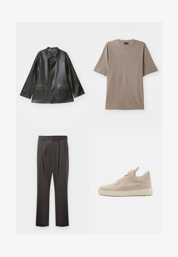 Emporio Armani CABAN - Kunstnahast jakk - lavagna; Pruun lühikeste varrukatega T-särk ümmarguse kaelusega, millel on peene tekstuuriga muster ja väike logo silt vasakus alumises servas.; Tumedashallased püksid, mis on valmistatud tekstuuriga kangast, lame esiosa, voldid, sirged jalad ja vöökohastab. Pole nähtavat riistvara ega mustreid.; Beige suéde tennis jalanõud ümarate varvastega, valge tallaga ja tasaste nööridega. Omab tõmblinti kandadel ja tekstuurseid külgpaneele.