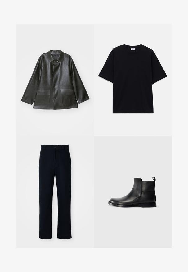 Emporio Armani - Kurtka ze skóry ekologicznej; Czarny, krótki rękaw, oversize'owy T-shirt z okrągłym dekoltem i widoczną metką marki Filippa K wewnątrz kołnierza.; Granatowe spodnie wykonane z bawełny, z prostą nogawką, z zapięciem na guziki z przodu oraz klasycznym pasem z pętelkami na pasek.; Czarne skórzane botki za kostkę z okrągłym noskiem, elastycznymi bocznymi panelami i teksturowanym tyłem. Posiadają płaską gumową podeszwę i uchwyt do zakładania.