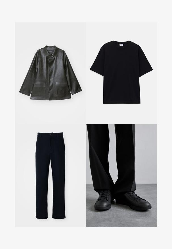 Emporio Armani CABAN - Μπουφάν από συνθετικό δέρμα - lavagna; Μαύρο κοντομάνικο oversized T-shirt με στρογγυλή λαιμόκοψη και ορατή ετικέτα μάρκας Filippa K μέσα στον γιακά.; Κοντό παντελόνι σκούρου μπλε χρώματος, φτιαγμένο από βαμβάκι, με ίσια γραμμή, μπροστινό κλείσιμο με κουμπί και κλασική ζώνη με θηλιές.; Bally Αθλητικά παπούτσια - black