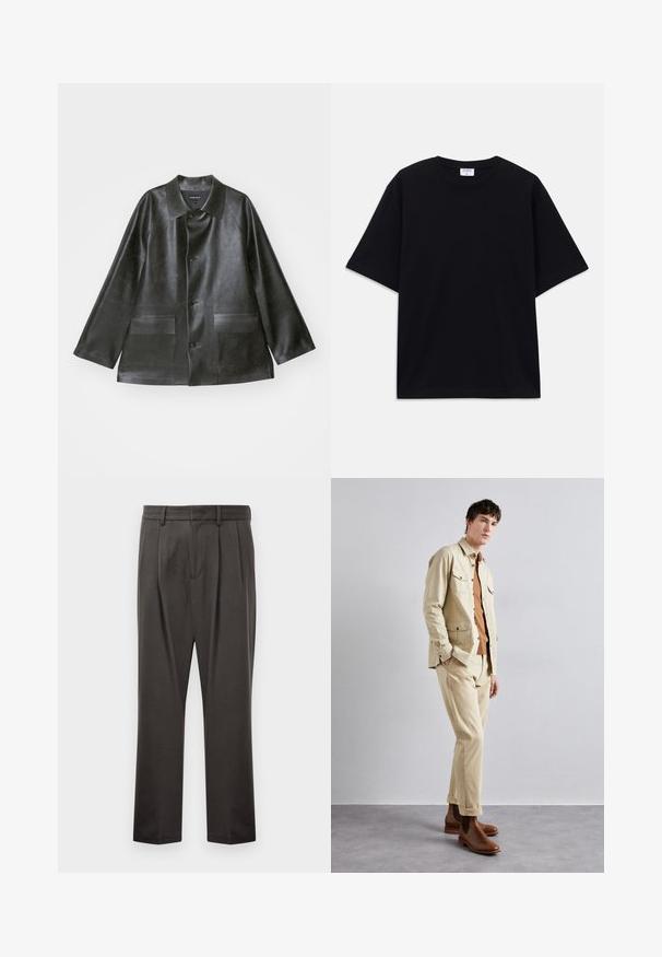 Emporio Armani - Kurtka ze skóry ekologicznej; Czarny, krótki rękaw, oversize'owy T-shirt z okrągłym dekoltem i widoczną metką marki Filippa K wewnątrz kołnierza.; Ciemnoszare spodnie wykonane z teksturowanej tkaniny, z prostym przodem, plisami, prostymi nogawkami i pętelkami na pasek. Brak widocznych elementów metalowych lub wzorów.; Beżowa bawełniana kurtka z dwiema kieszeniami na piersi noszona na brązowej koszuli oraz dopasowanych beżowych spodniach. Brązowe skórzane buty za kostkę dopełniają strój.