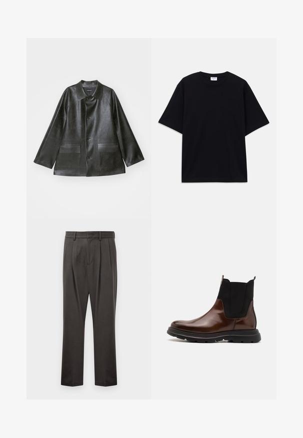 Emporio Armani CABAN - Keinonahkatakki - lavagna; Mustat lyhythihainen oversized T-paita, jossa on pyöreä kaula-aukko ja näkyvä Filippa K -tuotemerkki etiketti kauluksessa.; Tummanharmaat housut, jotka on valmistettu teksturoidusta kankaasta. Housuissa on litteä etuosa, laskokset, suorat lahkeet ja vyölenkit. Ei näkyviä metalliosia tai kuvioita.; Ruske nahkalaiset Chelsea-saappaat mustilla elastisilla sivupaneeleilla, pyöristetty kärki ja musta kumipohja, jossa on teksturoitu kulutuspinta.