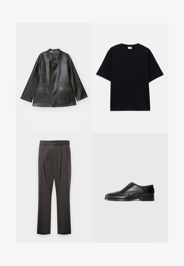 Emporio Armani CABAN - Μπουφάν από συνθετικό δέρμα - lavagna; Μαύρο κοντομάνικο oversized T-shirt με στρογγυλή λαιμόκοψη και ορατή ετικέτα μάρκας Filippa K μέσα στον γιακά.; Σκούρο γκρι παντελόνι από υφασμάτινη υφή, με επίπεδο μπροστινό μέρος, πτυχές, ίσιες γραμμές και βρόχους ζώνης. Χωρίς ορατό εξοπλισμό ή σχέδια.; Μαύρο δερμάτινο παπούτσι φόρεμα με στρογγυλή μύτη, λεία υφή, σχέδιο με κορδόνια και διακριτική ραφή, διαθέτοντας χαμηλό, επίπεδο τακούνι.