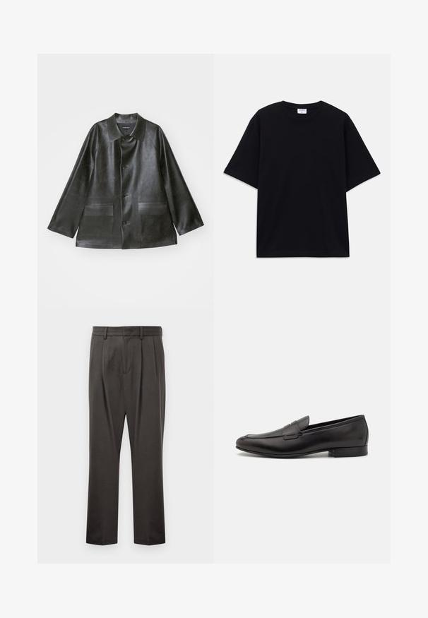Emporio Armani - Kurtka ze skóry ekologicznej; Czarny, krótki rękaw, oversize'owy T-shirt z okrągłym dekoltem i widoczną metką marki Filippa K wewnątrz kołnierza.; Ciemnoszare spodnie wykonane z teksturowanej tkaniny, z prostym przodem, plisami, prostymi nogawkami i pętelkami na pasek. Brak widocznych elementów metalowych lub wzorów.; Czarne skórzane loafersy o eleganckim designie, z zaokrąglonym noskiem i niskim, warstwowym obcasem. Posiadają dekoracyjny detal w postaci szwu na cholewce.