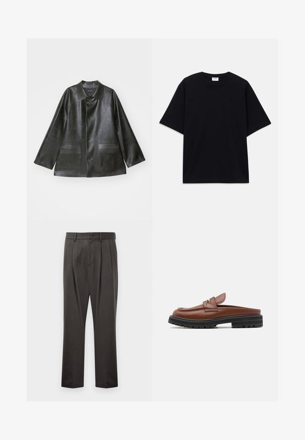 Emporio Armani CABAN - Mākslīgās ādas jaka - lavagna; Melns īsām piedurknēm oversize T-krekls ar apaļu kakla izgriezumu un redzamu Filippa K zīmola birku iekškaklā.; Tumši pelēki bikses, izgatavotas no teksturēta auduma, ar taisnu priekšpusi, krokojumu, taisnām kājām un jostu cilpām. Nav redzamu metālu detaļu vai rakstu.; Marni SABOT - Mokasīni - cognac