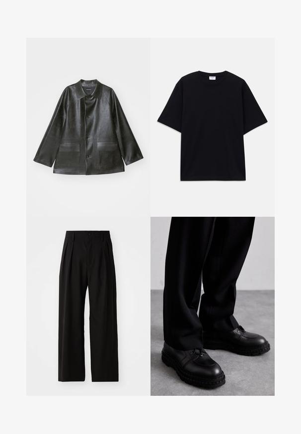 Emporio Armani CABAN - Imiteret læderjakke - lavagna; Sort oversized T-shirt med korte ærmer og rund halsudskæring, med synlig Filippa K mærke indeni kraven.; Sorte bukser med vid ben, der har en glat overflade, to frontplisseringer, knaplukning og sidelommer. Holdbart stof.; Sorte lædersko med rund tå, struktureret overdel, snørelukning og tykk gummisål med slidbanemønster. Båret med sorte bukser.