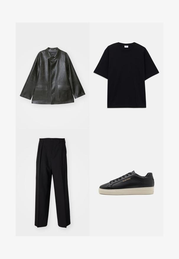Emporio Armani CABAN - Μπουφάν από συνθετικό δέρμα - lavagna; Μαύρο κοντομάνικο oversized T-shirt με στρογγυλή λαιμόκοψη και ορατή ετικέτα μάρκας Filippa K μέσα στον γιακά.; Μαύροι πιέτες παντελόνια με ίσια, φαρδιά γραμμή. Κατασκευασμένα από λείο ύφασμα, με κλείσιμο με κουμπί και θηλιές για ζώνη.; Μαύρο δερμάτινο αθλητικό παπούτσι με λεία υφή, αντίθετη κρέμα σόλα, στρογγυλή μύτη, χρυσό λογότυπο στο πλάι και έξι θυρίδες για κορδόνια.
