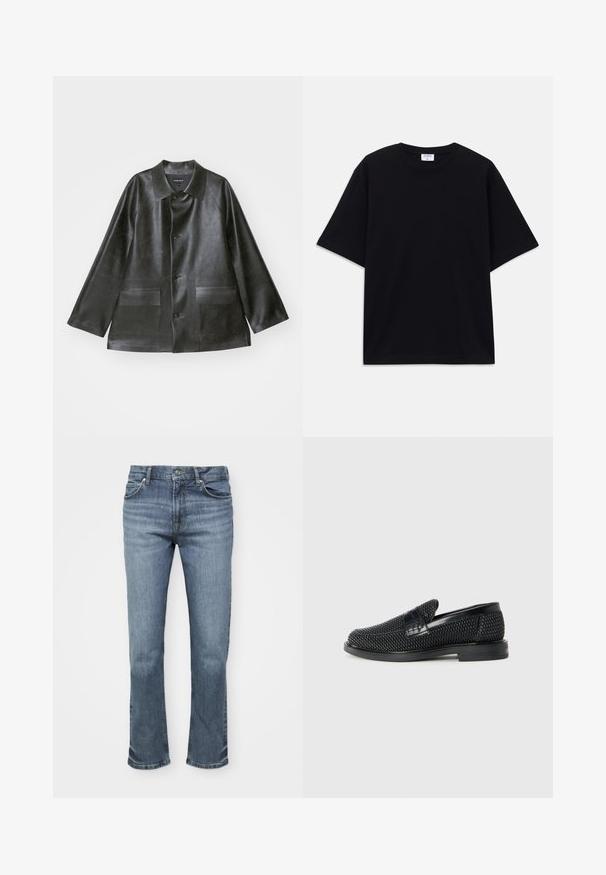 Emporio Armani CABAN - Dirbtinės odos striukė - lavagna; Juodas trumpas rankovėmis per didelis marškinėliai su apvaliu iškirpimu ir matoma Filippa K prekės ženklo etiketė vidinėje apykaklės pusėje.; Mėlyni džinsai turi tiesų sijoną, penkių kišenių stilių ir sagčių uždarymą, su kontrastingomis siūlėmis.; Juodas pintas slip-on tipo batelis su lygiu odiniu akcentu viršuje, apvalios nosies dizainas ir žemas guminis padas.