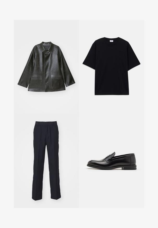 Emporio Armani CABAN - Műbőr dzseki - lavagna; Fekete, rövid ujjú, oversize póló kerek nyakkivágással és látható Filippa K márkacédulával a gallér belső részén.; Tengerészkék, könnyű anyagból készült nadrág, egyenes lábformával, rugalmas derékkal és látható zsebek vagy minták nélkül.; Fekete bőr loaferek sima textúrával, kerek orral és dekoratív pánttal a vampnál. Alacsony, rétegelt sarkú, minimalista dizájn.