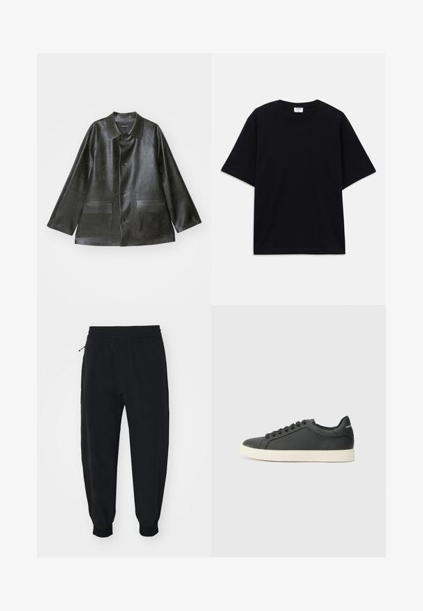 Emporio Armani CABAN - Imiteret læderjakke - lavagna; Sort oversized T-shirt med korte ærmer og rund halsudskæring, med synlig Filippa K mærke indeni kraven.; Sorte joggers med tapered pasform, elastisk talje, sidelommer og ribbede manchetter. Fremstillet af et glat, letvægtsstof.; Sort lædersneaker med lav profil, rund tå og snørelukning; har en struktureret gummisål og logo-detalje på hælen.
