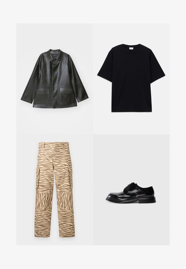 Emporio Armani CABAN - Kunstnahast jakk - lavagna; Must t-särk, lühikeste varrukatega, üle mõõdu, ümmarguse kaelusega ja nähtava Filippa K brändi sildiga kaelas.; Kohandustaskud beeži ja kreemja lõvi triibuga. Omaduste hulka kuuluvad sirge jalg, kaks külgmist taskut ja nupClosure, mis on kaunistatud metallist elementidega.; Mustad musta nahast dressijalanõud, ümmarguse varbaga, sileda viimistluse, paeltega kinnituse ja kihilise kontsaga. Minimalistlik stiil, ilma nähtavate logo'deta.