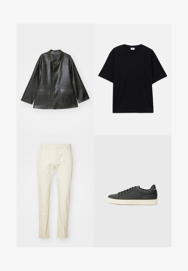 Emporio Armani CABAN - Műbőr dzseki - lavagna; Fekete, rövid ujjú, oversize póló kerek nyakkivágással és látható Filippa K márkacédulával a gallér belső részén.; Beige vászon nadrág egyenes szabással, elöl cipzárral és lapos zsebekkel. Texturált anyag sima felülettel.; Fekete bőr sportcipő alacsony profilú, lekerekített orral és fűzős záródással; texturált gumitalppal és logó részlettel a saroknál.