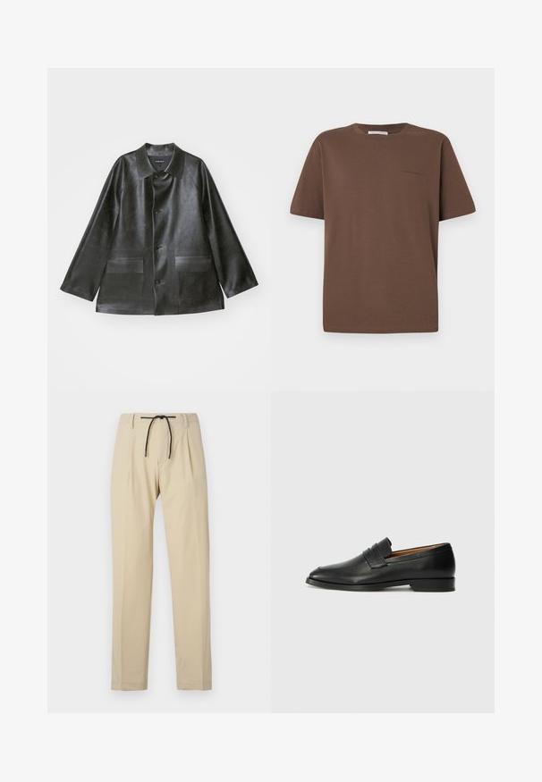 Emporio Armani CABAN - Jachetă din imitație de piele - lavagna; Tricou din bumbac brun cu guler rotund, mâneci scurte și un logo mic imprimat pe față. Textură de țesătură plată, croială lejeră.; Pantaloni bej cu croială dreaptă, având talie cu șnur, față pliată și textură netedă. Design simplu și versatil.; Lofer din piele neagră, cu vârf rotund, detalii cusute subtile și toc jos, având o textură netedă și un design minimalist.