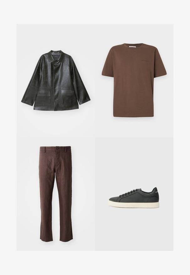 Emporio Armani CABAN - Műbőr dzseki - lavagna; Barna pamut póló kerek nyakkivágással, rövid ujjakkal és egy kis logóval az elején. Sima textúrájú anyag, laza fazon.; Barna len nadrág sima textúrával, egyenes fazonnal, elülső zsebekkel, övhurkokkal és egy gombos záródással a deréknál.; Fekete bőr sportcipő alacsony profilú, lekerekített orral és fűzős záródással; texturált gumitalppal és logó részlettel a saroknál.