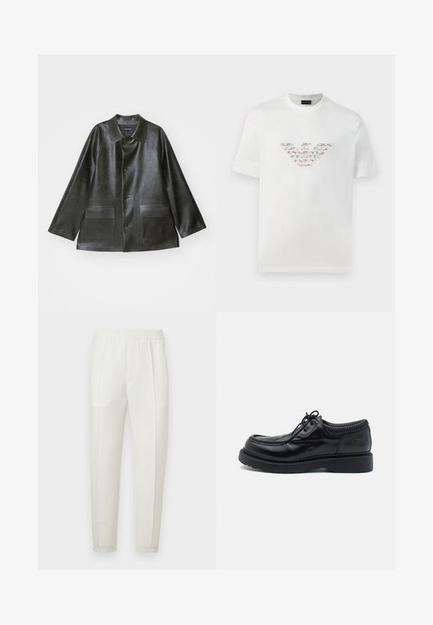 Emporio Armani CABAN - Műbőr dzseki - lavagna; Fehér pamut póló rövid ujjakkal és kerek nyakkivágással. Középen rózsaszín és barna árnyalatokkal ellátott logó díszítéssel rendelkezik.; Fehér, karcsúsított nadrág elasztikus derékpánthoz, két oldalzsebbel és sima, enyhén fényes anyaggal.; Fekete bőr cipők, kerek orral és vastag gumitalppal. Fonott nyakkal és ívelt varrással rendelkeznek a felső részen.