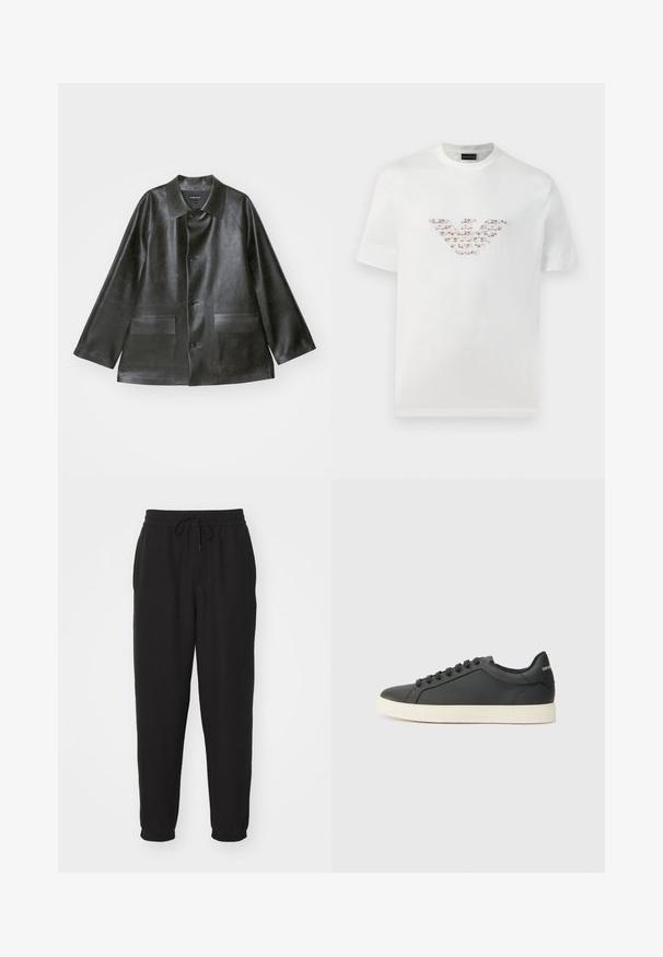 Emporio Armani CABAN - Bunda z umělé kůže - lavagna; Bílý bavlněný tričko s krátkými rukávy a kulatým výstřihem. Má centrální logo v růžových a hnědých odstínech.; Černé joggingové kalhoty vyrobené z texturované tkaniny, s elastickým pasem a stahovací šňůrkou, a zúženými nohavicemi.; Černé kožené tenisky s nízkým profilem, zaoblenou špičkou a šněrováním; mají texturovanou gumovou podrážku a logo na patě.