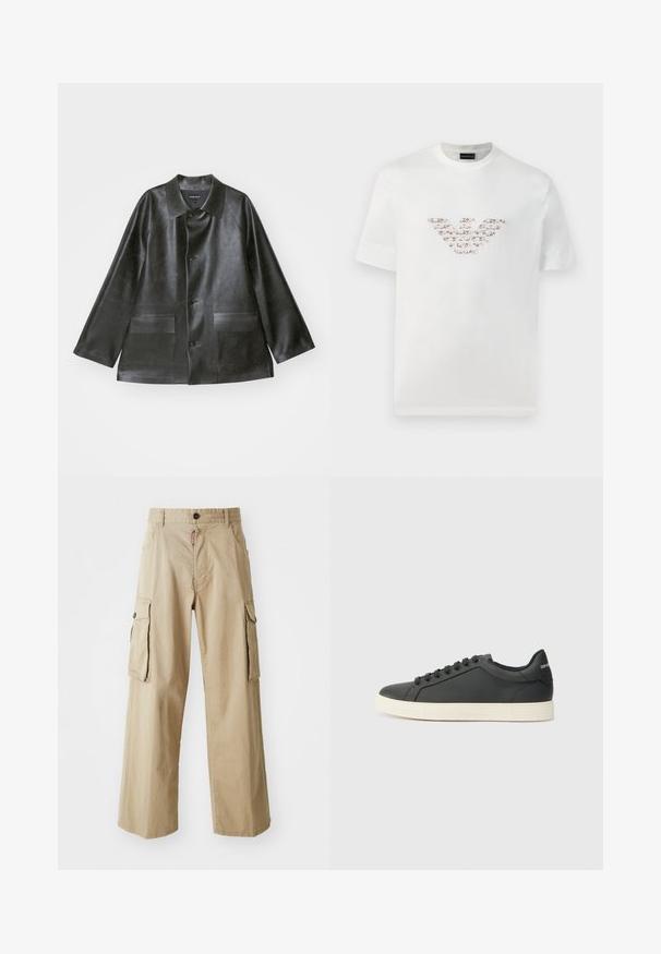 Emporio Armani CABAN - Imiteret læderjakke - lavagna; Hvid bomulds T-shirt med korte ærmer og rund halsudskæring. Har et centralt logo design i rosa og brune nuancer.; Beige cargo bukser lavet af bomuld, med et bredt ben-design, to store sidelommer og en knaplukning i taljen.; Sort lædersneaker med lav profil, rund tå og snørelukning; har en struktureret gummisål og logo-detalje på hælen.