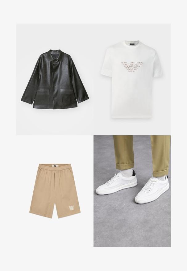 Emporio Armani CABAN - Imiteret læderjakke - lavagna; Hvid bomulds T-shirt med korte ærmer og rund halsudskæring. Har et centralt logo design i rosa og brune nuancer.; Beige shorts lavet af letvægtsstof med elastisk talje, sidelommer og en hvid logoaccent på det nederste venstre ben.; Hvide sneakers med en tekstureret læderfinish, rund tå og sort hælaccent. Gummisål med lille mønster og syede detaljer.