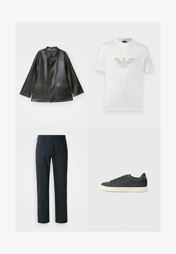 Emporio Armani CABAN - Bunda z umělé kůže - lavagna; Bílý bavlněný tričko s krátkými rukávy a kulatým výstřihem. Má centrální logo v růžových a hnědých odstínech.; Černé rovné kalhoty vyrobené z hladké látky; mají poutka na pásek a plochý přední design. Součástí jsou postranní kapsy.; Černé kožené tenisky s nízkým profilem, zaoblenou špičkou a šněrováním; mají texturovanou gumovou podrážku a logo na patě.